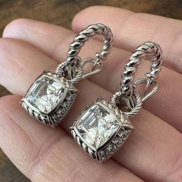 Judith Ripka Diamonique Earrings CZ & Sterling Silver Dangle Hoop Asscher Cut - Picture 5 of 8